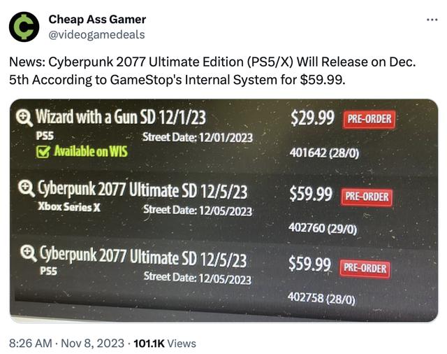 赛博朋克2077发售，终极版12.5发售，59.99美元
